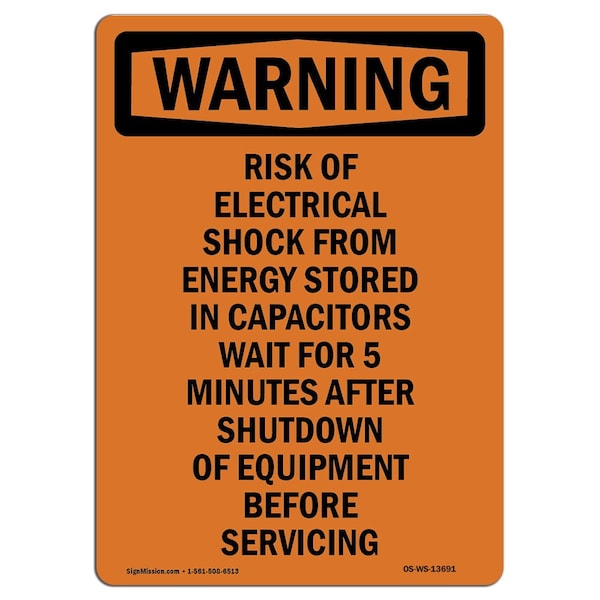 Safety Sign, OSHA WARNING, 24" Height, Risk Of Electrical Shock Wait 5 Minutes, Portrait